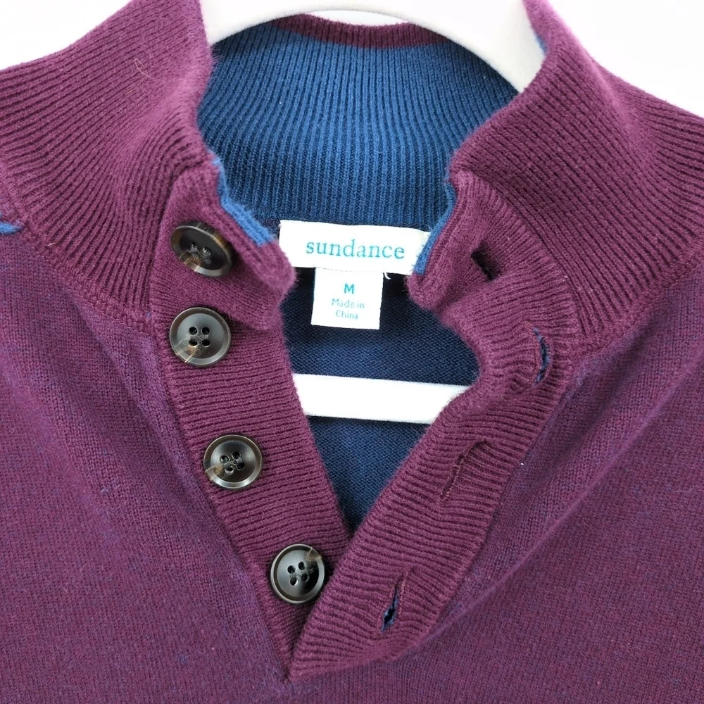 Sundance Men Medium Highland Stitch Henley Mockneck Sweater Burgundy Purple Blue